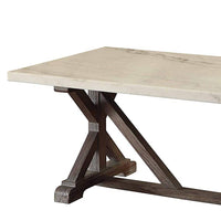 BM191236 - Marble Rectangle Shaped Coffee Table with Wooden Trestle Base, White and Espresso Brown