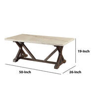 BM191236 - Marble Rectangle Shaped Coffee Table with Wooden Trestle Base, White and Espresso Brown