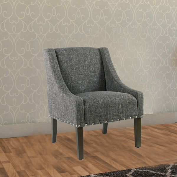 BM194076 - Fabric Upholstered Wooden Accent Chair with Swooping Arms and Nail Head Trim, Gray and Brown