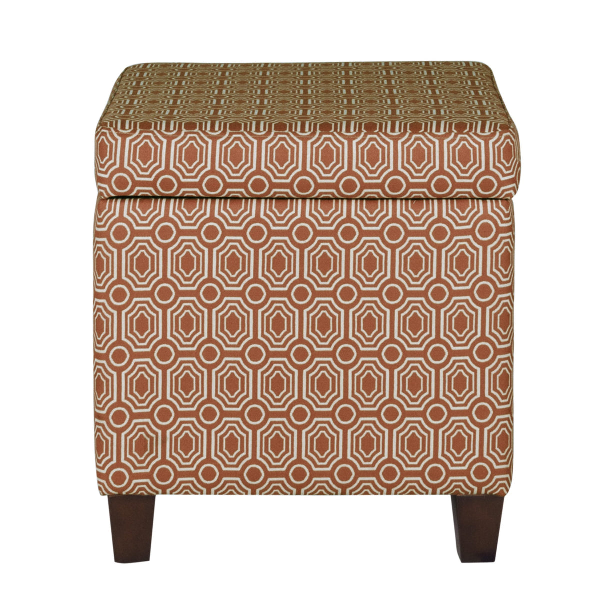 BM194107 - Geometric Patterned Square Wooden Ottoman with Lift Off Lid Storage, Orange and Cream