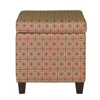 BM194107 - Geometric Patterned Square Wooden Ottoman with Lift Off Lid Storage, Orange and Cream