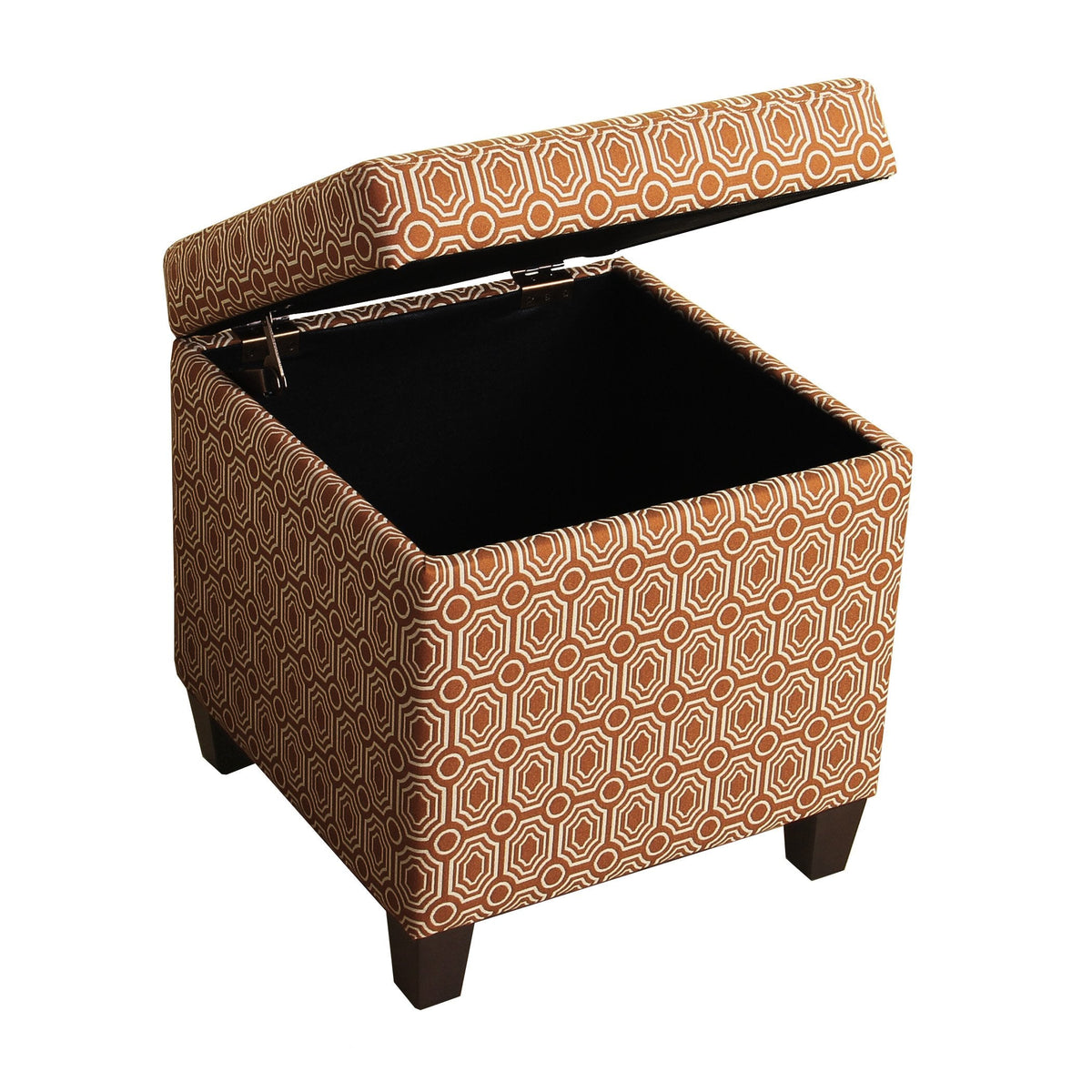 BM194107 - Geometric Patterned Square Wooden Ottoman with Lift Off Lid Storage, Orange and Cream