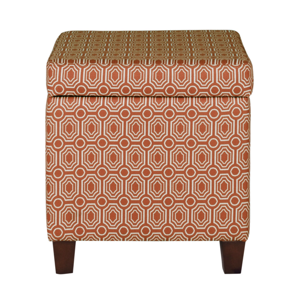 BM194107 - Geometric Patterned Square Wooden Ottoman with Lift Off Lid Storage, Orange and Cream