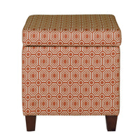 BM194107 - Geometric Patterned Square Wooden Ottoman with Lift Off Lid Storage, Orange and Cream