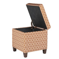 BM194107 - Geometric Patterned Square Wooden Ottoman with Lift Off Lid Storage, Orange and Cream