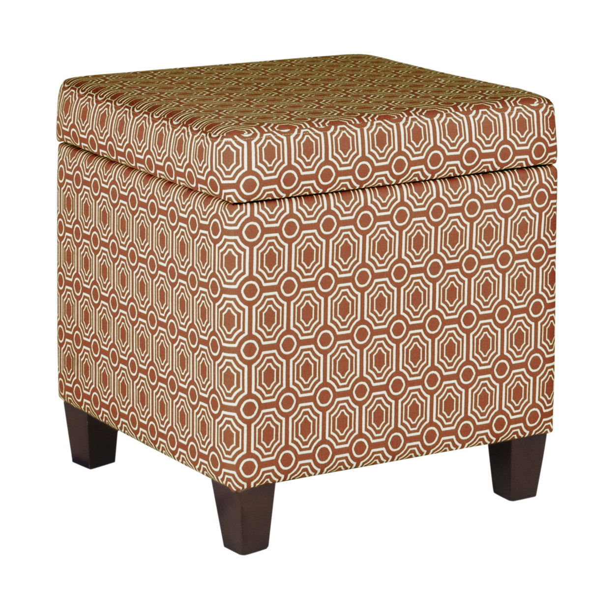 BM194107 - Geometric Patterned Square Wooden Ottoman with Lift Off Lid Storage, Orange and Cream