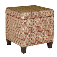 BM194107 - Geometric Patterned Square Wooden Ottoman with Lift Off Lid Storage, Orange and Cream
