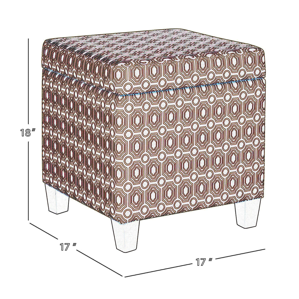 BM194107 - Geometric Patterned Square Wooden Ottoman with Lift Off Lid Storage, Orange and Cream