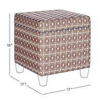 BM194107 - Geometric Patterned Square Wooden Ottoman with Lift Off Lid Storage, Orange and Cream