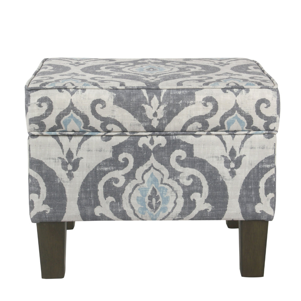 BM194113 - Wooden Ottoman with Patterned Fabric Upholstery and Hidden Storage, Gray and Blue
