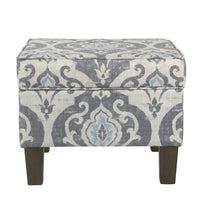 BM194113 - Wooden Ottoman with Patterned Fabric Upholstery and Hidden Storage, Gray and Blue