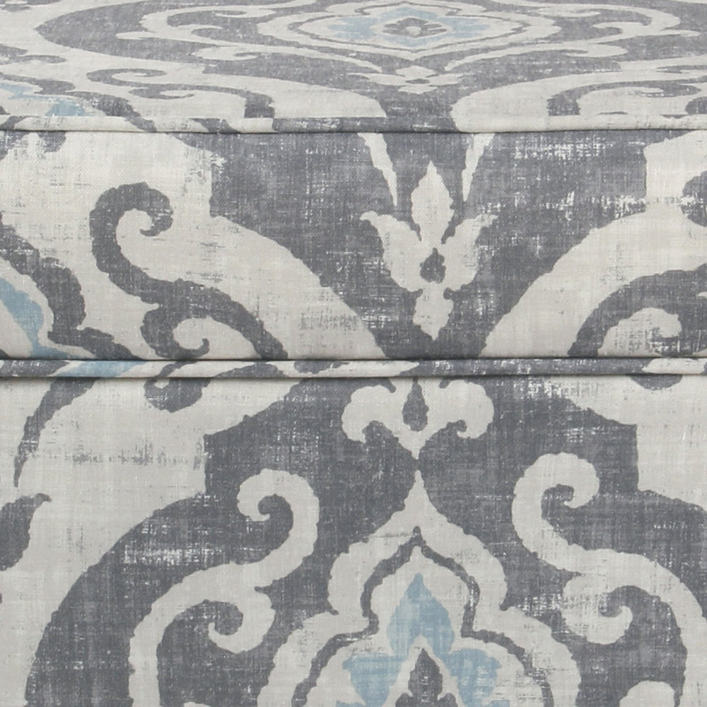BM194113 - Wooden Ottoman with Patterned Fabric Upholstery and Hidden Storage, Gray and Blue