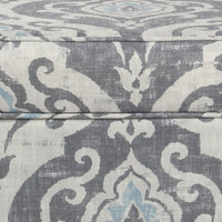 BM194113 - Wooden Ottoman with Patterned Fabric Upholstery and Hidden Storage, Gray and Blue