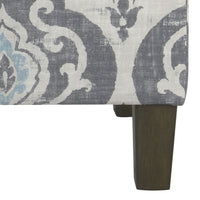 BM194113 - Wooden Ottoman with Patterned Fabric Upholstery and Hidden Storage, Gray and Blue