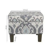 BM194113 - Wooden Ottoman with Patterned Fabric Upholstery and Hidden Storage, Gray and Blue
