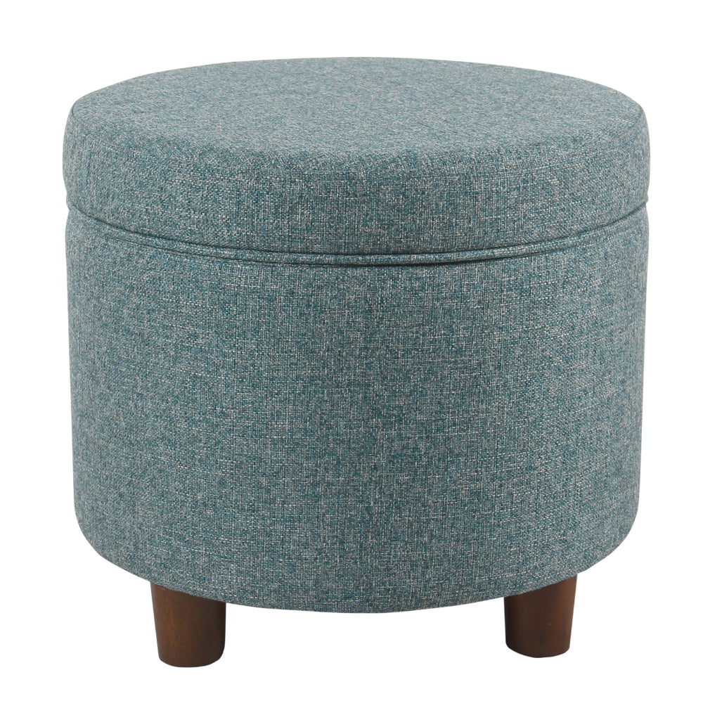 BM194127 - Fabric Upholstered Round Wooden Ottoman with Lift Off Lid Storage, Teal Blue
