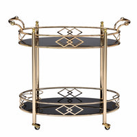 Metal Framed Serving Cart with Tempered Glass Top and Open Bottom Shelf, Gold and Black  - BM194345