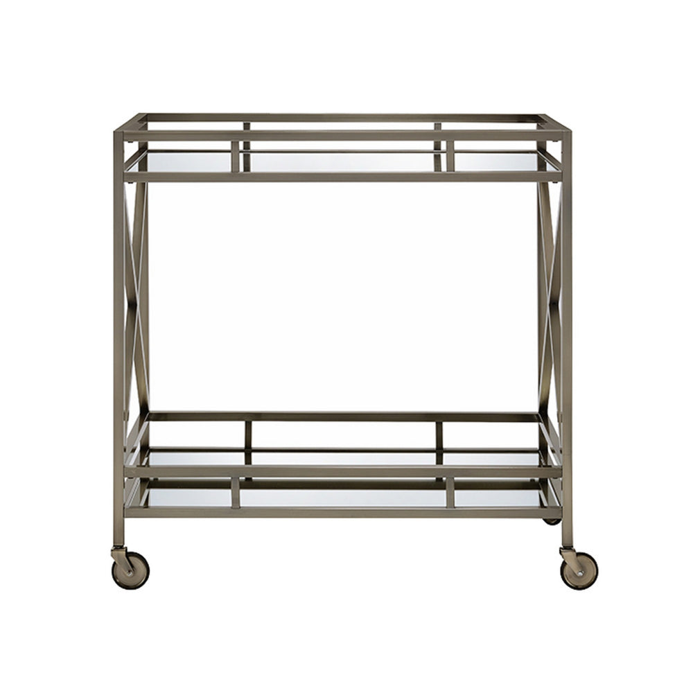 Metal Framed Two Tier Serving Cart with X Shaped Side Panels, Mirrored, Antique Gold - BM194346