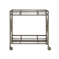 Metal Framed Two Tier Serving Cart with X Shaped Side Panels, Mirrored, Antique Gold - BM194346