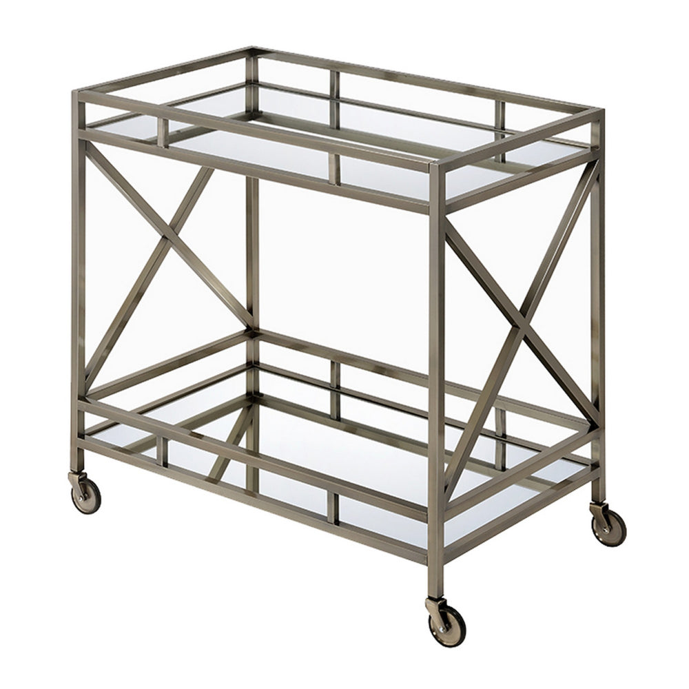 Metal Framed Two Tier Serving Cart with X Shaped Side Panels, Mirrored, Antique Gold - BM194346