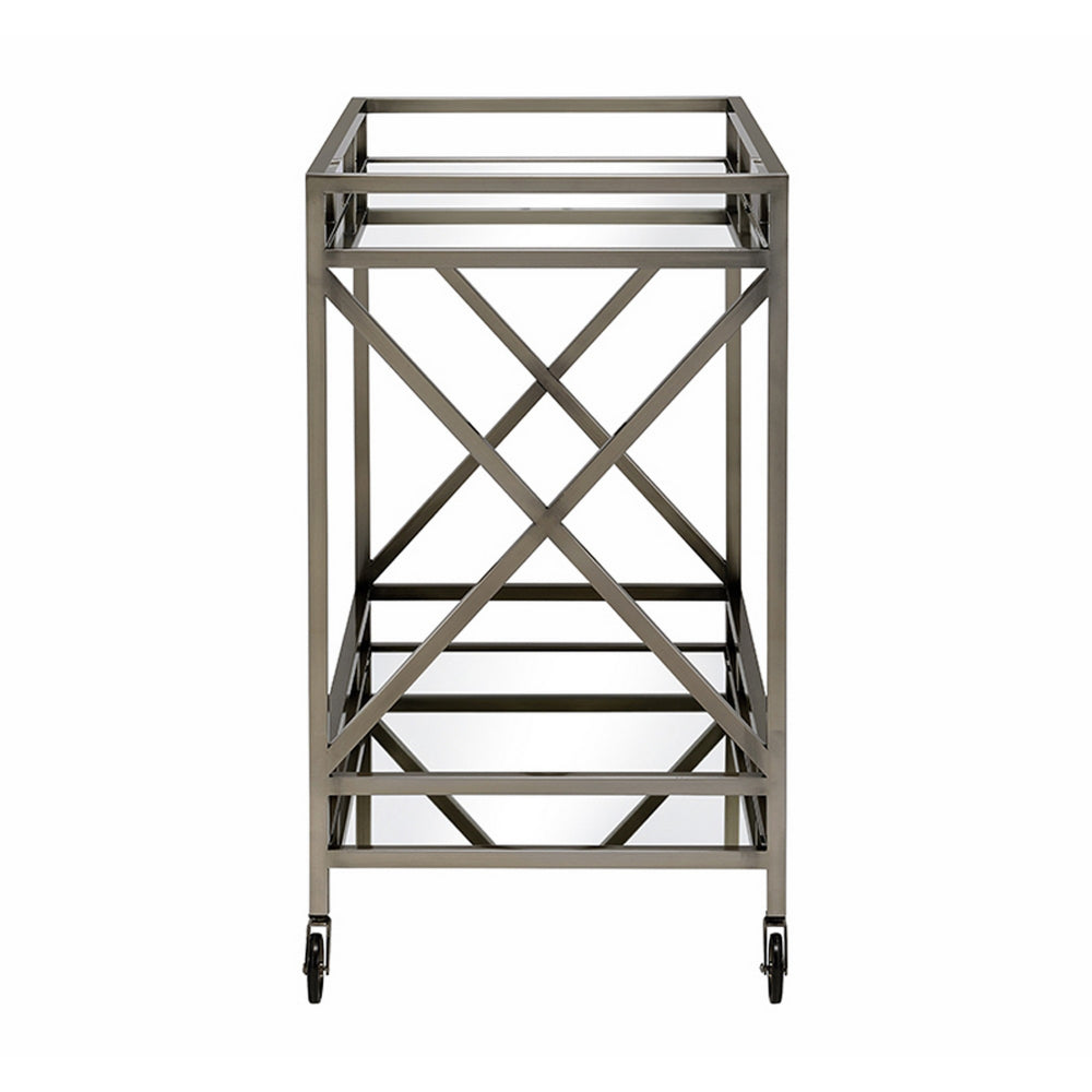 Metal Framed Two Tier Serving Cart with X Shaped Side Panels, Mirrored, Antique Gold - BM194346