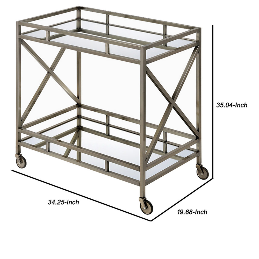 Metal Framed Two Tier Serving Cart with X Shaped Side Panels, Mirrored, Antique Gold - BM194346