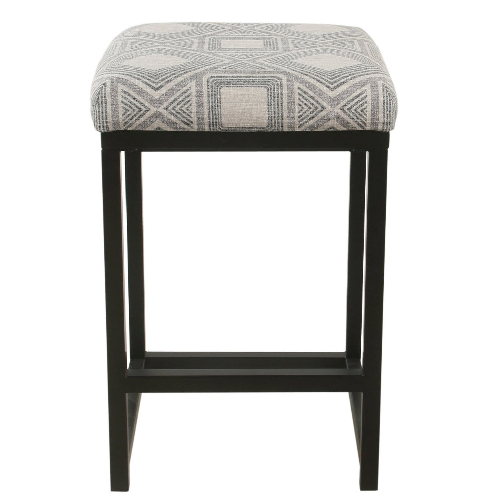 BM195160 - Metal Counter Stool with Geometric Pattern Fabric Upholstered Seat, Gray and Black