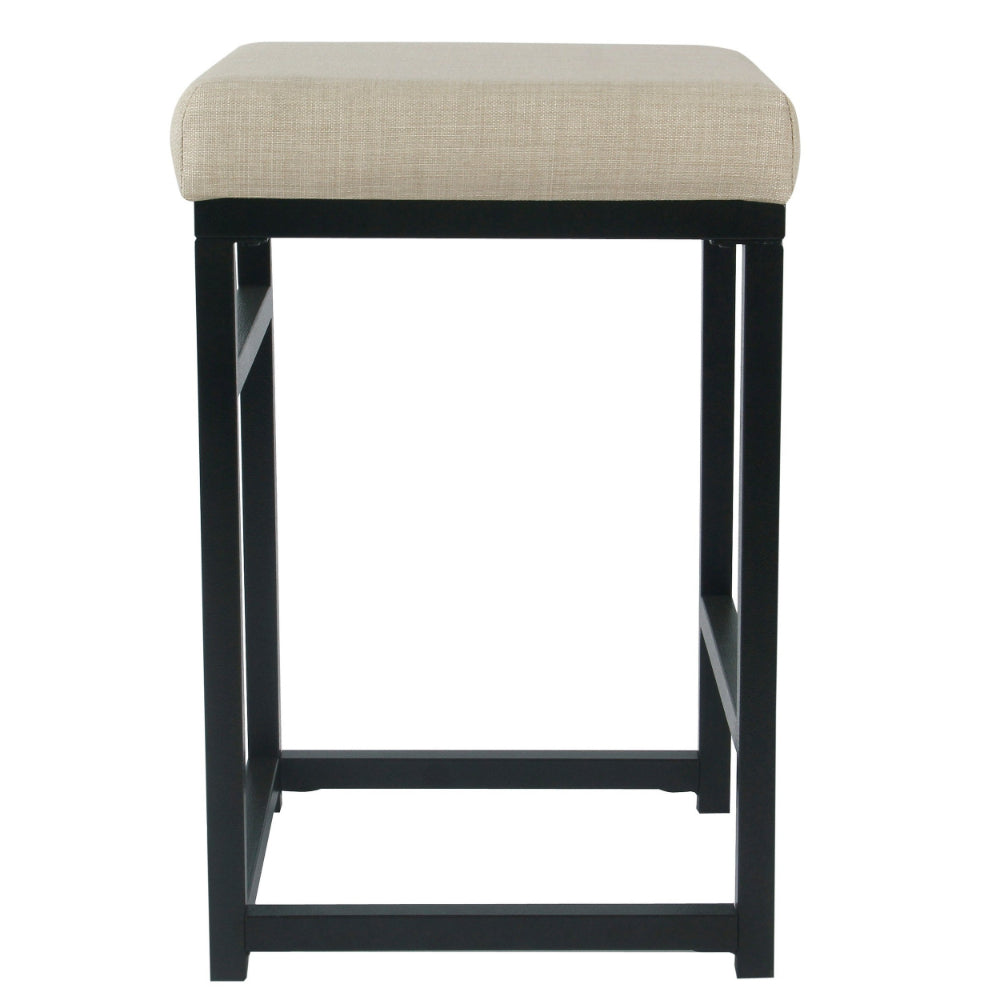BM195206 - Open Back Metal Counter Stool with Fabric Upholstered Padded Seat, Beige and Black