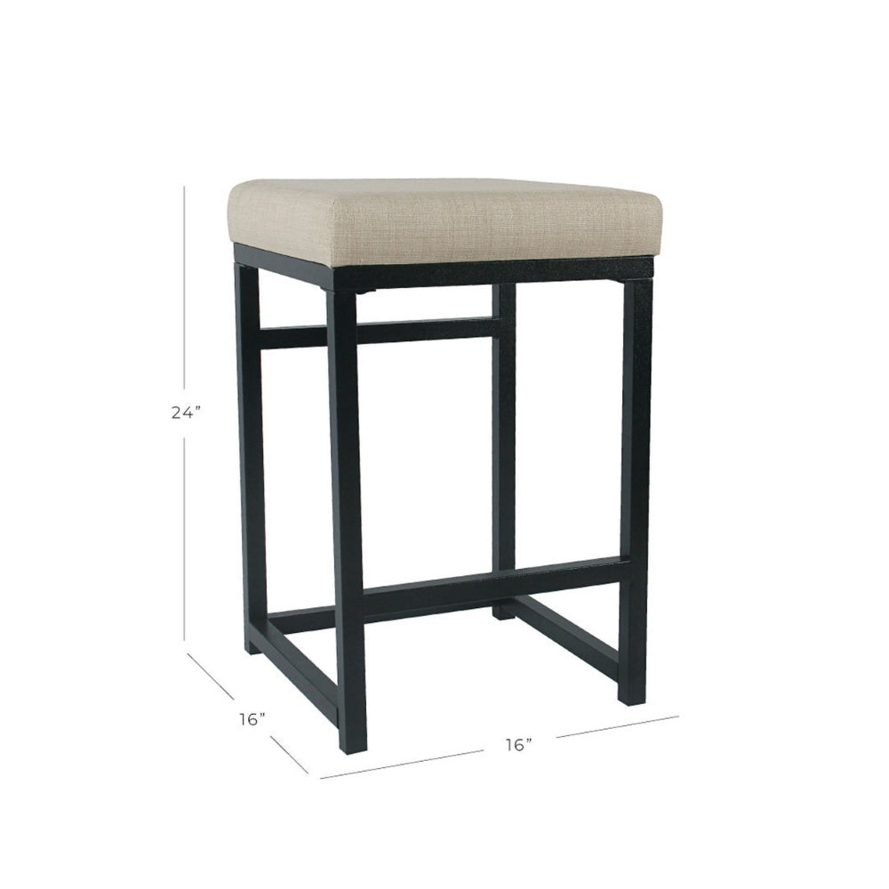 BM195206 - Open Back Metal Counter Stool with Fabric Upholstered Padded Seat, Beige and Black
