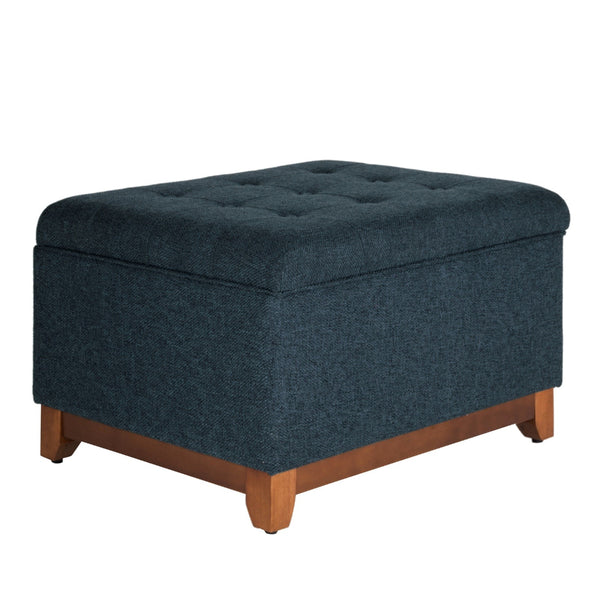 BM195798 - Textured Fabric Upholstered Wooden Ottoman With Button Tufted Top, Blue and Brown