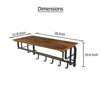 26 Inch Industrial Metal Frame Wall Mount Coat Rack, 5 Hooks, 1 Shelf, Rustic Brown, Black - BM195870