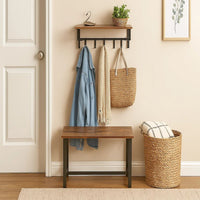 26 Inch Industrial Metal Frame Wall Mount Coat Rack, 5 Hooks, 1 Shelf, Rustic Brown, Black - BM195870