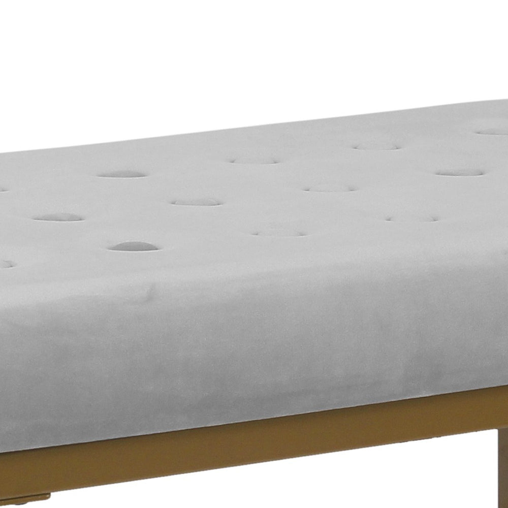 BM196049 - Metal Framed Ottoman with Button Tufted Velvet Upholstered Seat, Light Gray and Gold