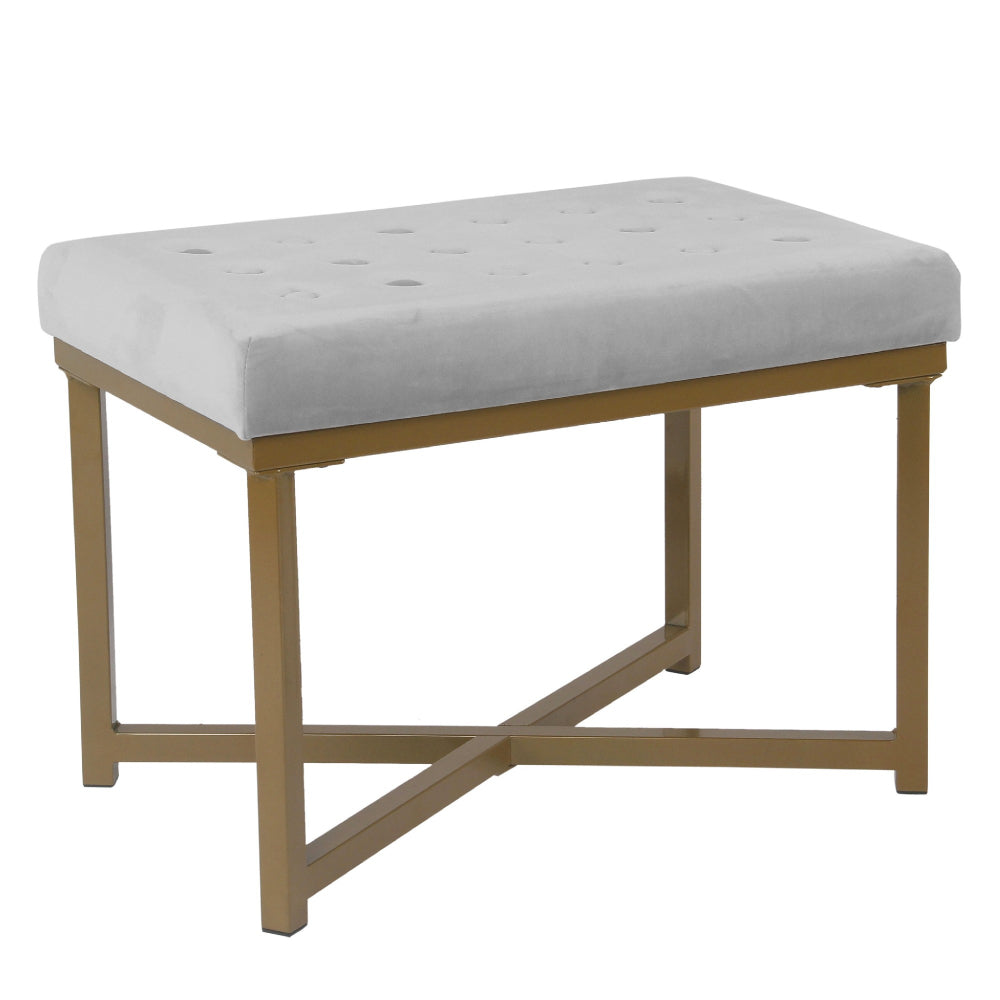 BM196049 - Metal Framed Ottoman with Button Tufted Velvet Upholstered Seat, Light Gray and Gold