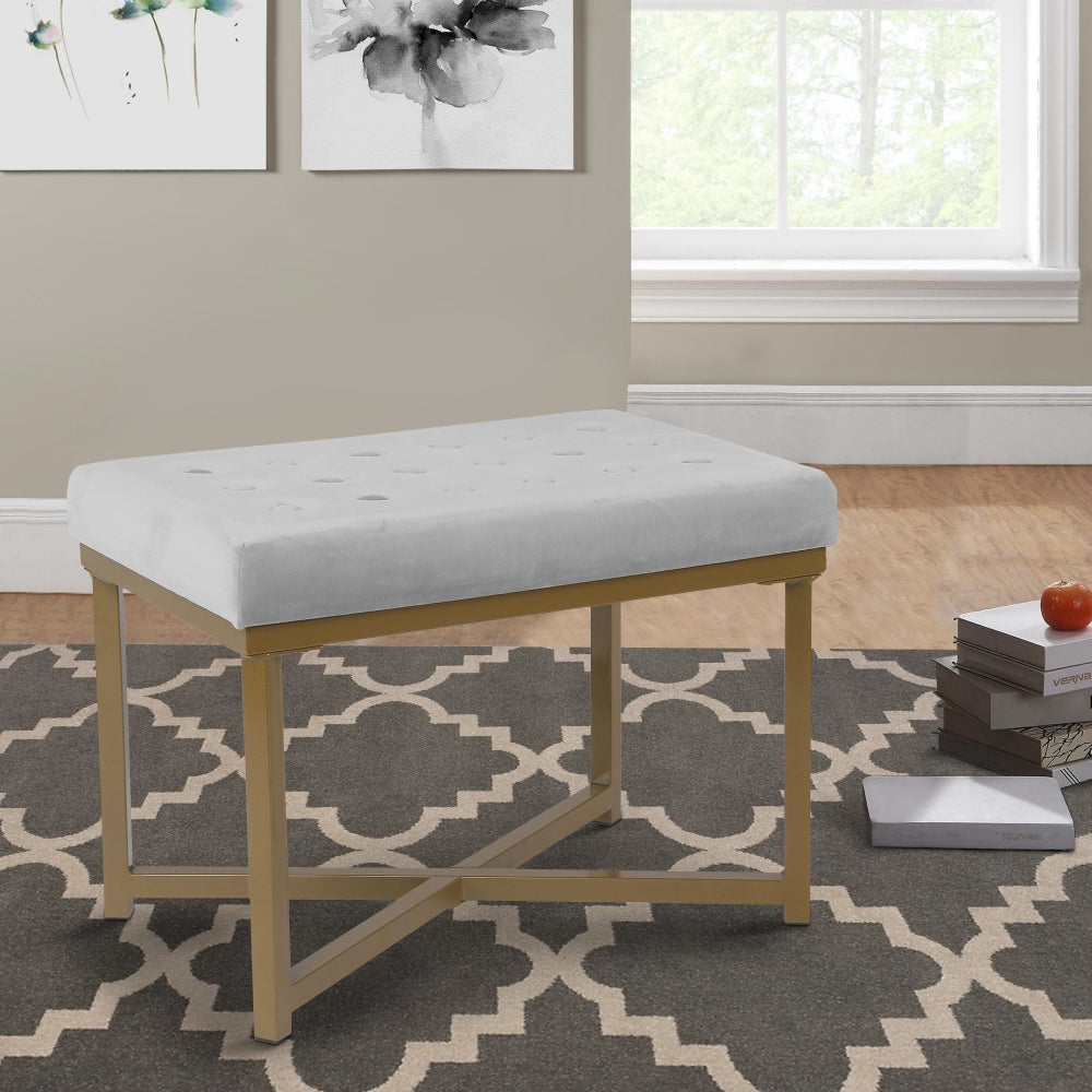 BM196049 - Metal Framed Ottoman with Button Tufted Velvet Upholstered Seat, Light Gray and Gold