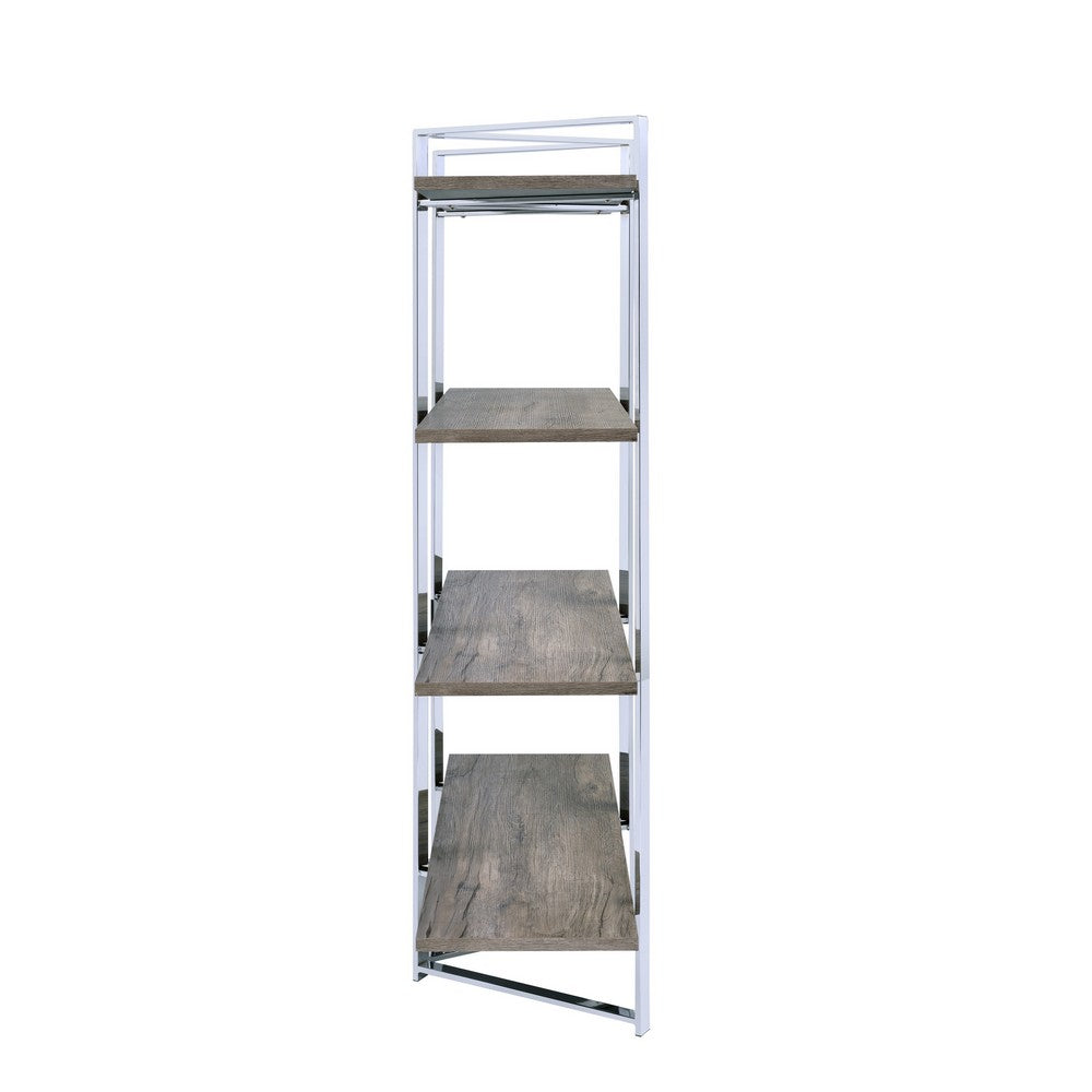 Geometric Metal Framed Bookshelf with Four Open Wooden Shelves, Brown and Silver - BM196196