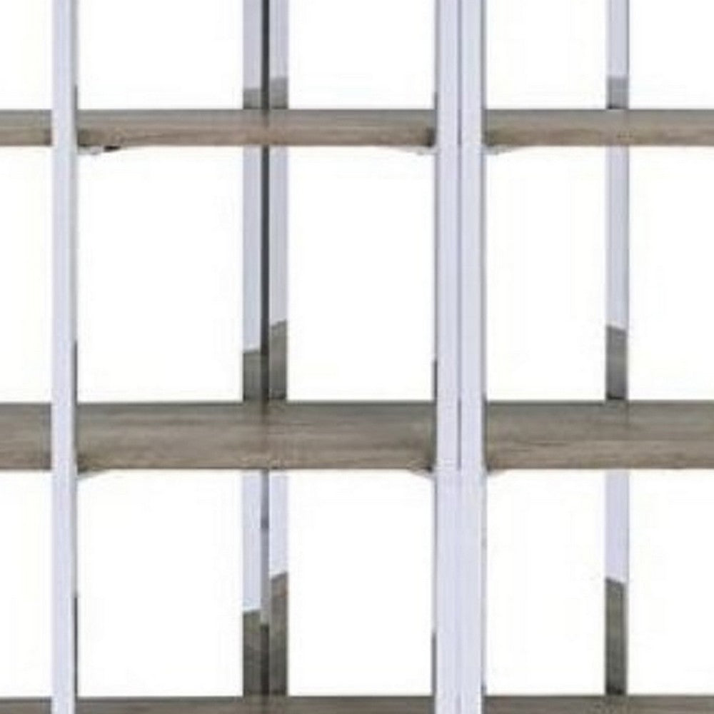 Geometric Metal Framed Bookshelf with Four Open Wooden Shelves, Brown and Silver - BM196196