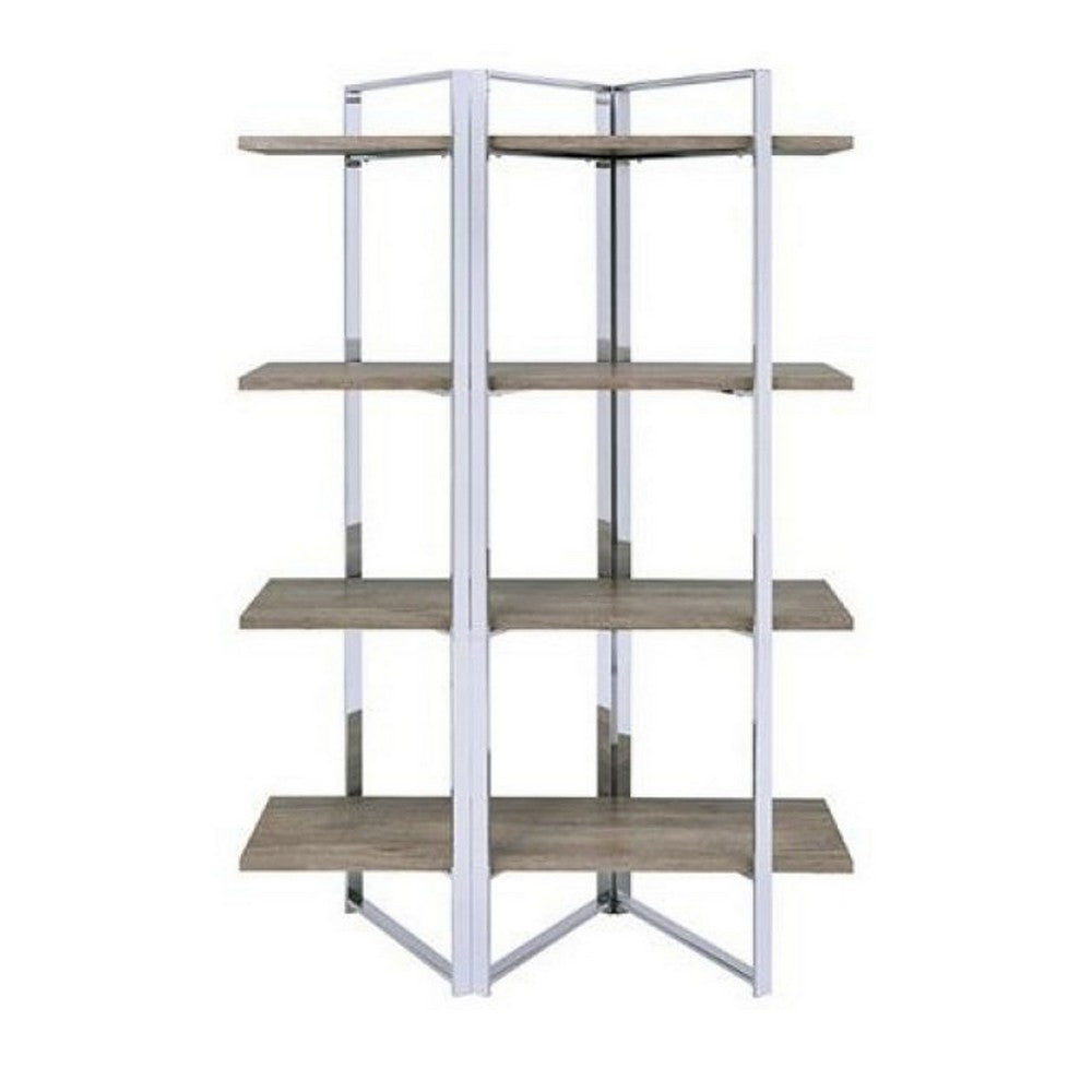Geometric Metal Framed Bookshelf with Four Open Wooden Shelves, Brown and Silver - BM196196