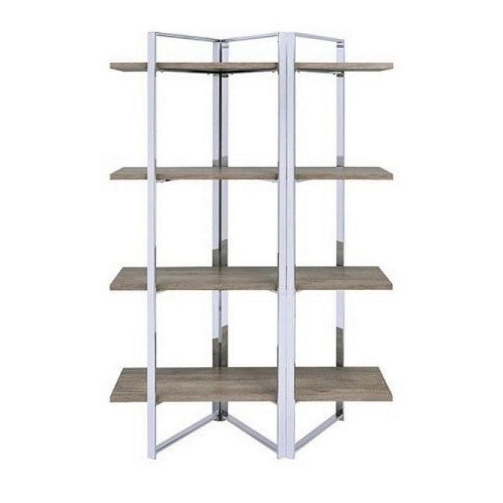 Geometric Metal Framed Bookshelf with Four Open Wooden Shelves, Brown and Silver - BM196196
