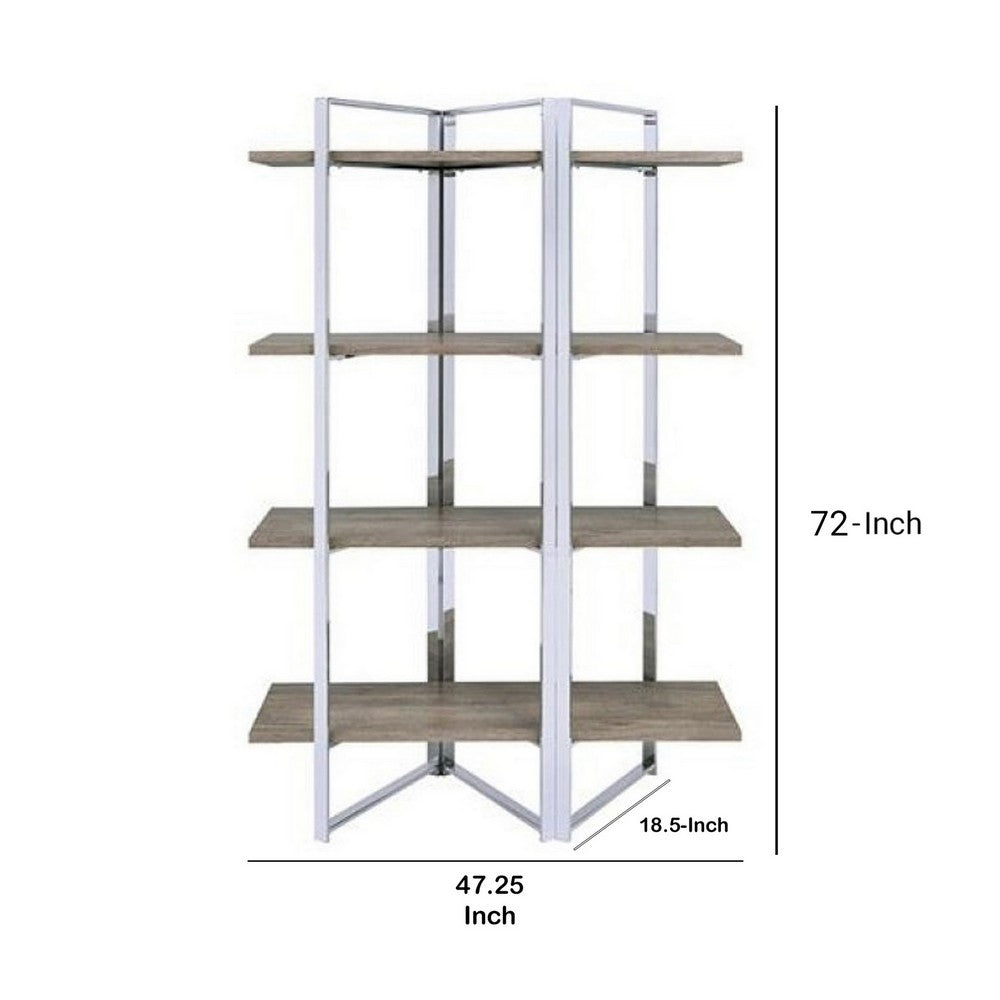 Geometric Metal Framed Bookshelf with Four Open Wooden Shelves, Brown and Silver - BM196196