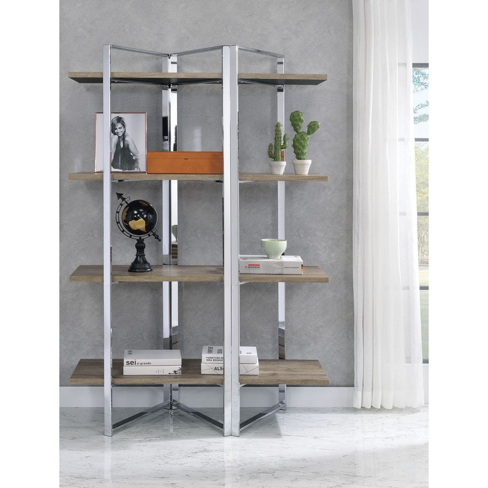 Geometric Metal Framed Bookshelf with Four Open Wooden Shelves, Brown and Silver - BM196196