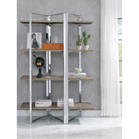 Geometric Metal Framed Bookshelf with Four Open Wooden Shelves, Brown and Silver - BM196196
