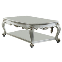 Traditional Style Wooden Coffee Table with Polyresin Carvings and Bottom Shelf, White BM196693