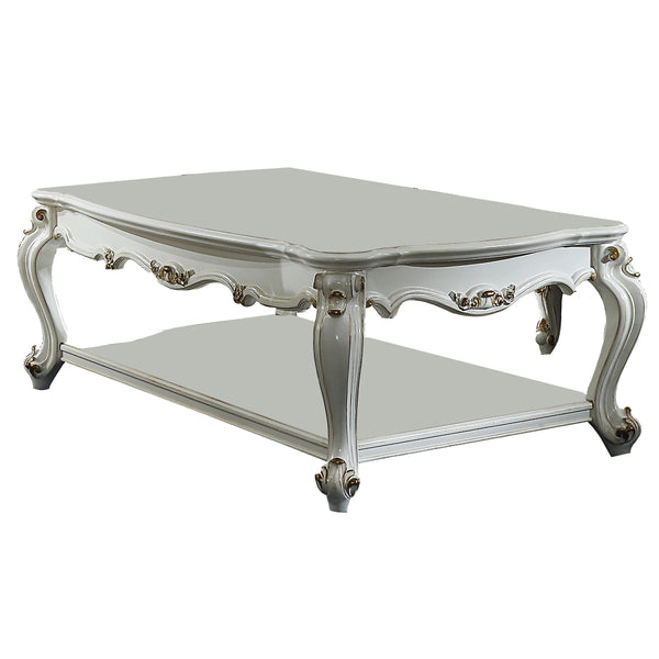 Traditional Style Wooden Coffee Table with Polyresin Carvings and Bottom Shelf, White BM196693