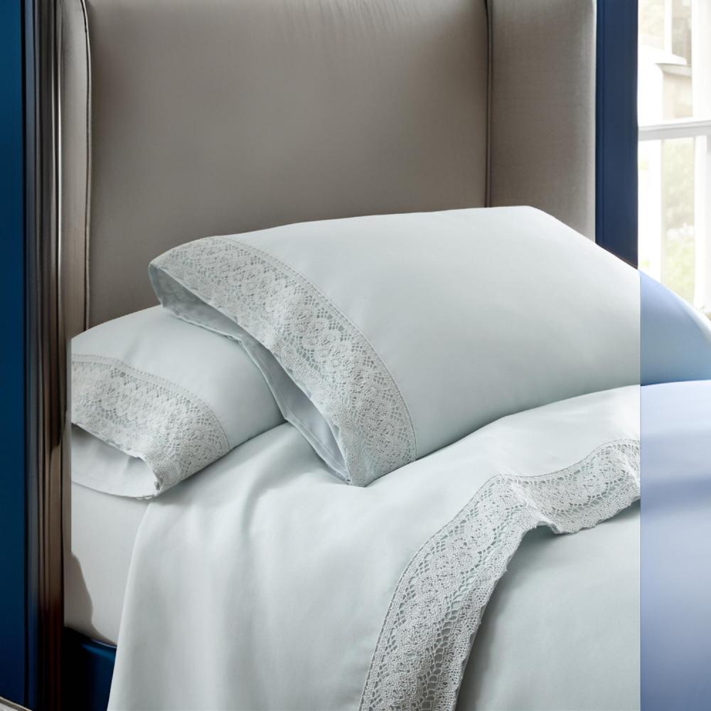 Udine 4 Piece Queen Size Microfiber Sheet Set with Crochet Lace , Blue - BM202398