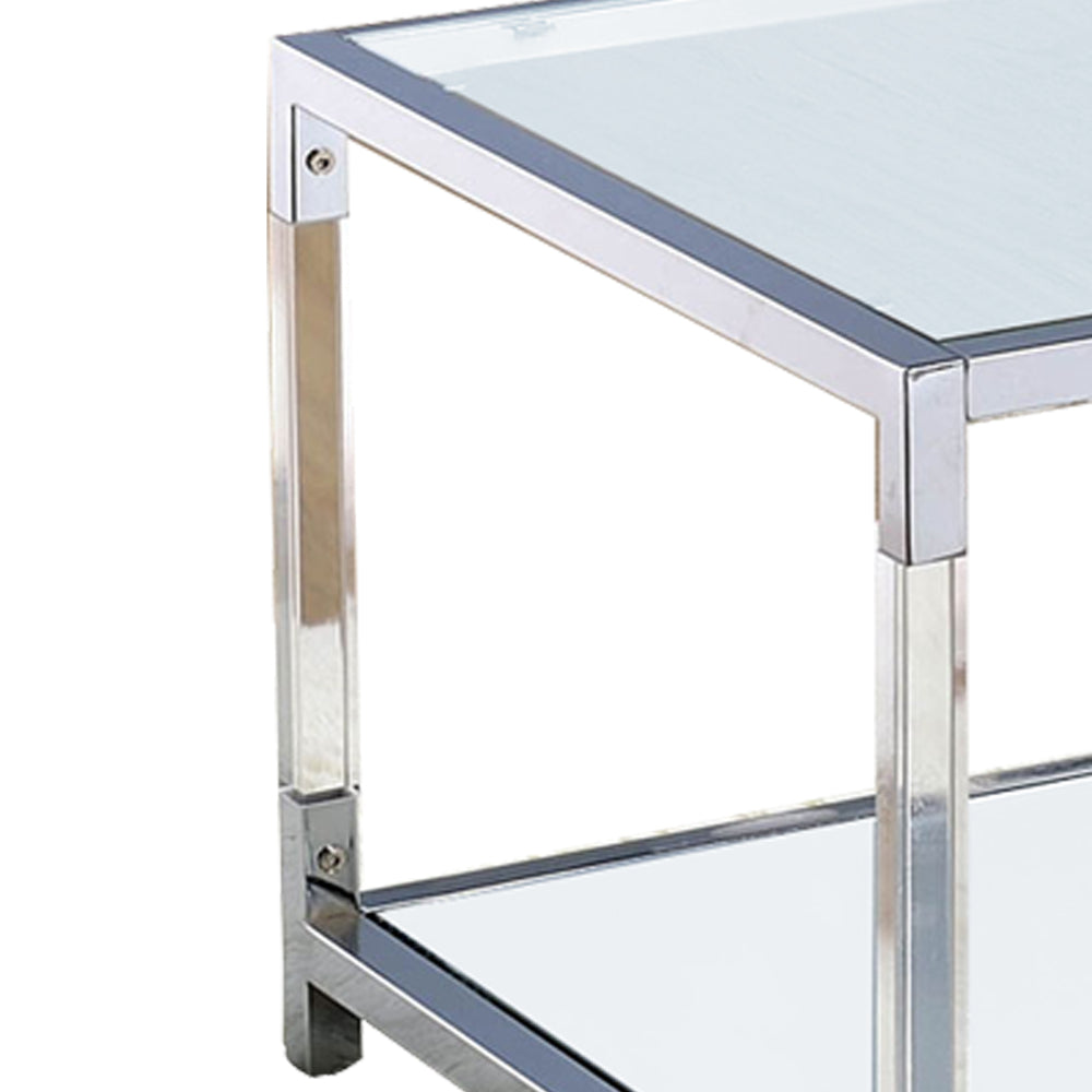 Glass Top Metal Coffee Table with Open Bottom Shelf, Silver and Clear - BM203952