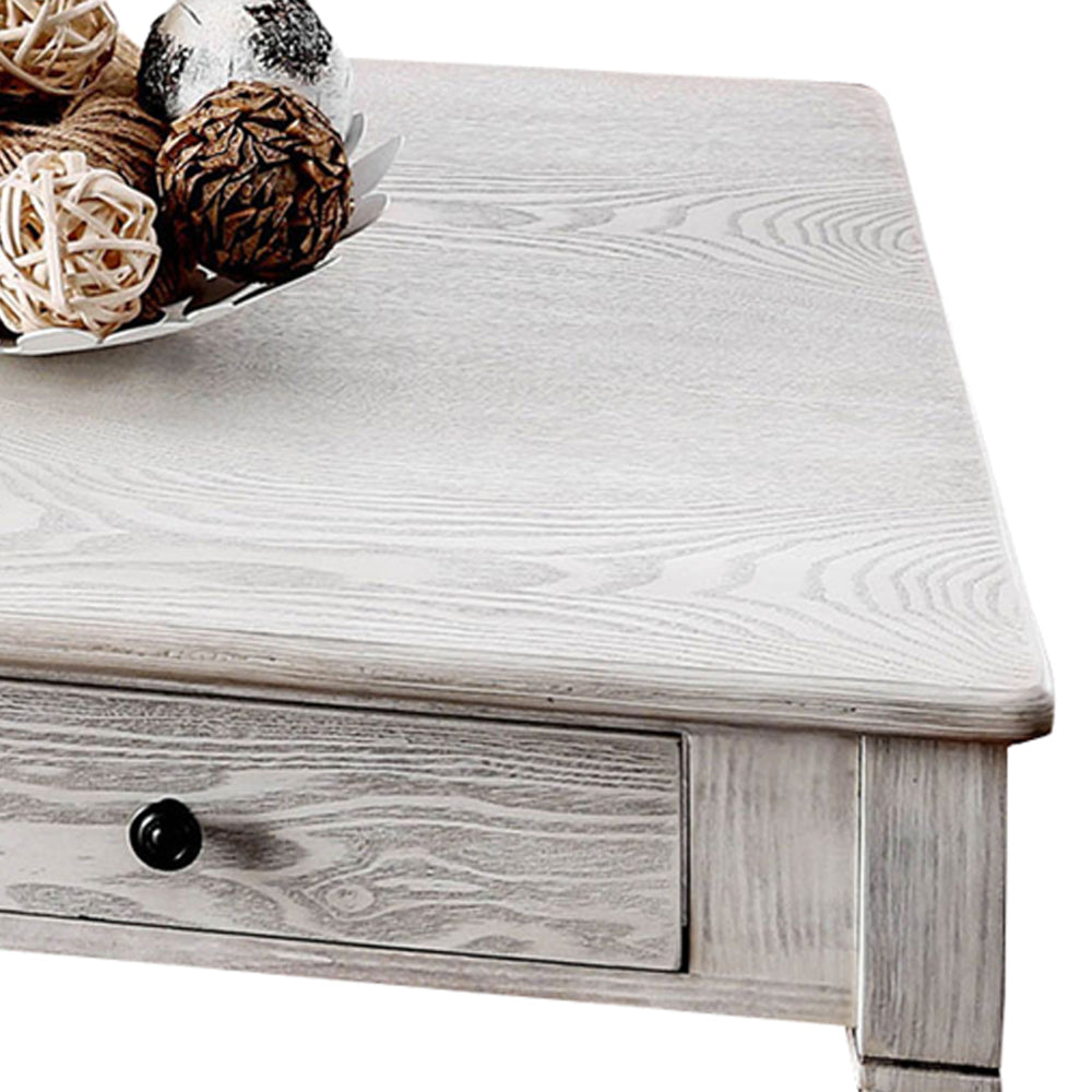 Transitional Wooden Coffee Table With Turned Legs and 2 Drawers, White - BM204002