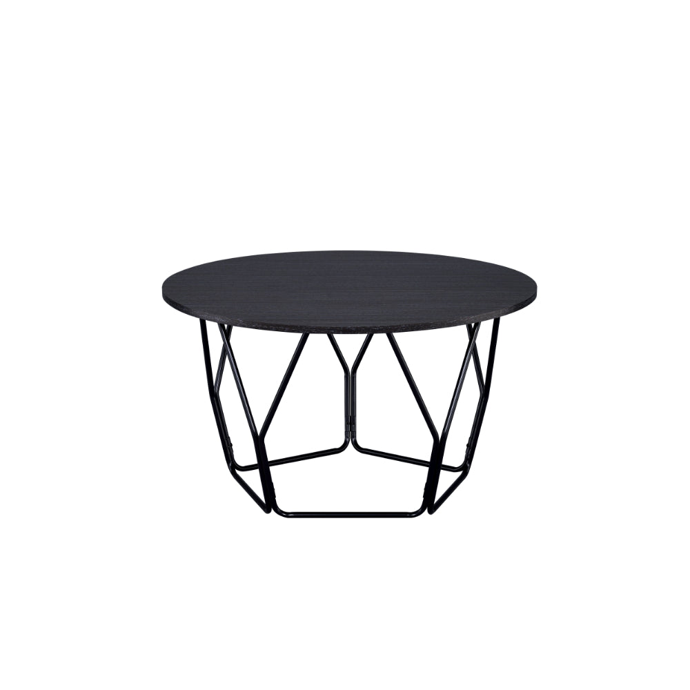 Industrial Round Top Wooden Coffee Table with Geometric Base, Black - BM204505