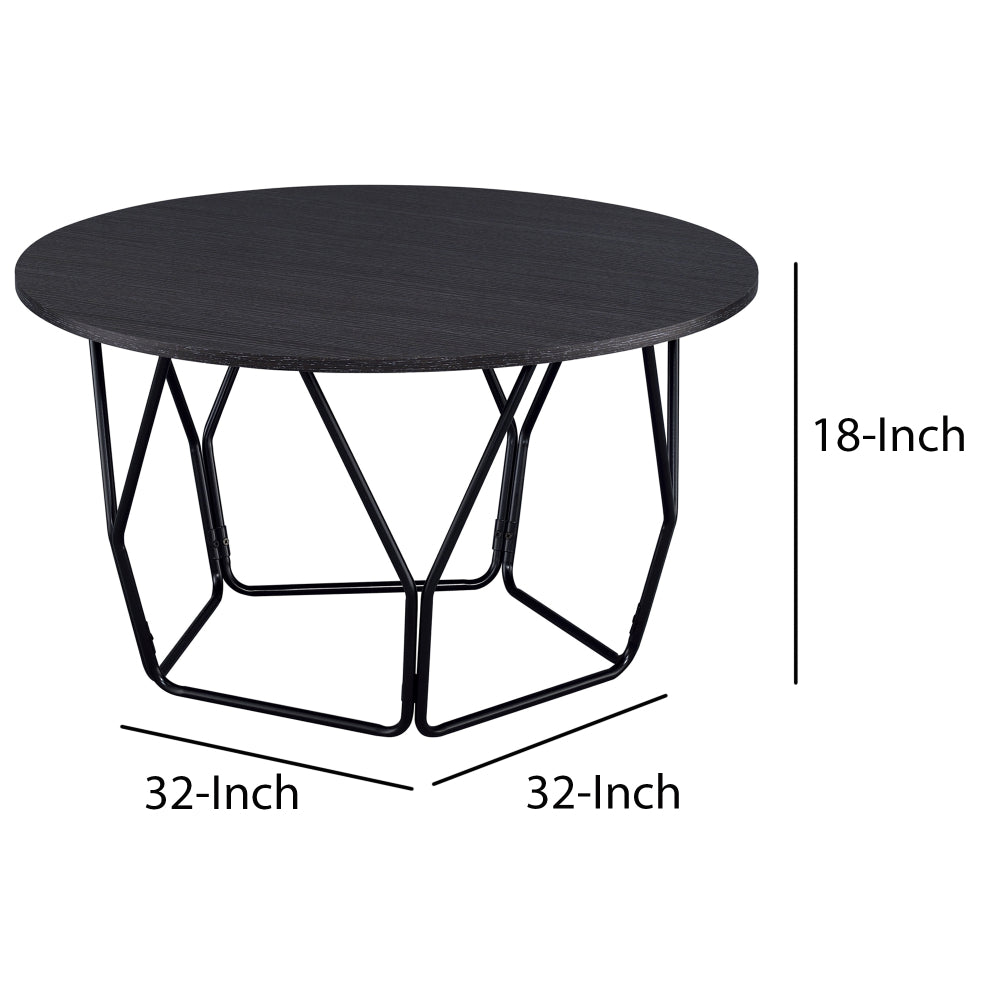 Industrial Round Top Wooden Coffee Table with Geometric Base, Black - BM204505