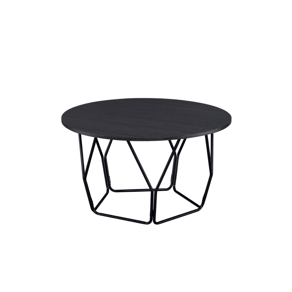 Industrial Round Top Wooden Coffee Table with Geometric Base, Black - BM204505